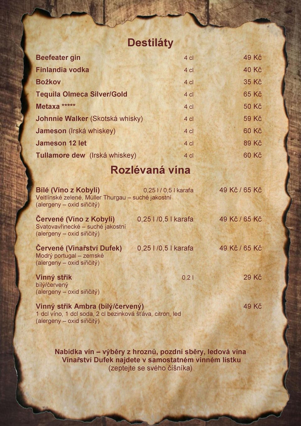 jakostní Červené (Víno z Kobylí) 0,25 l /0,5 l karafa 49 Kč / 65 Kč Svatovavřinecké suché jakostní Červené (Vinařství Dufek) 0,25 l /0,5 l karafa 49 Kč / 65 Kč Modrý portugal zemské Vinný střik 0,2 l