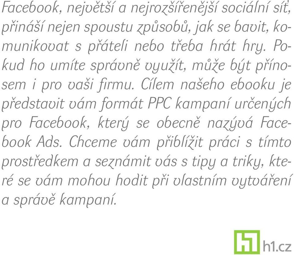 Cílem našeho ebooku je představit vám formát PPC kampaní určených pro Facebook, který se obecně nazývá Facebook Ads.