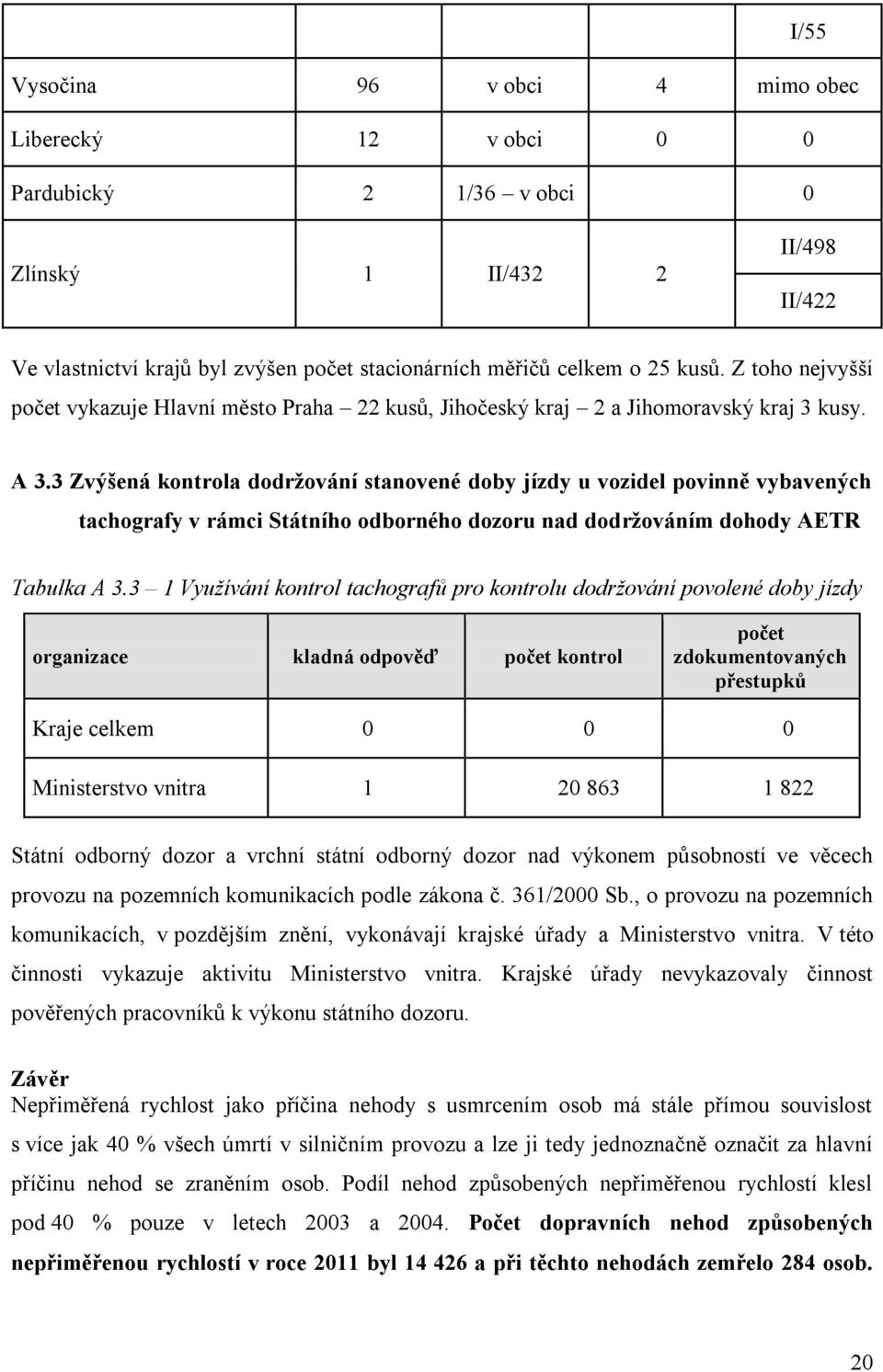 3 Zvýšená kontrola dodržování stanovené doby jízdy u vozidel povinně vybavených tachografy v rámci Státního odborného dozoru nad dodržováním dohody AETR Tabulka A 3.