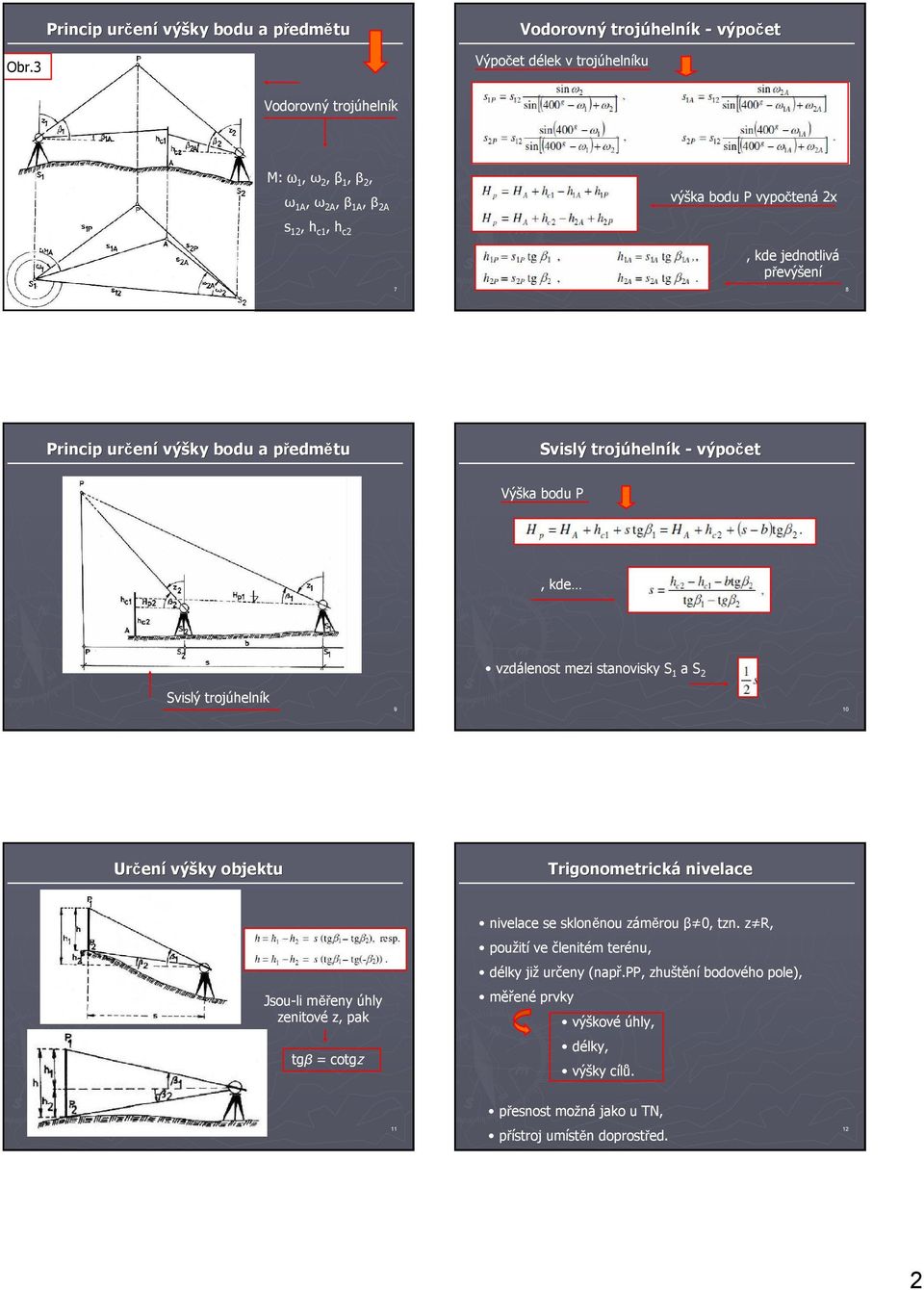 převýšení 7 8 Svislý trojúheln helník - výpočet Výška bodu P, kde vzdálenost mezi stanovisky S 1 a S 2 Svislý trojúhelník 9 10 Určen ení výšky objektu