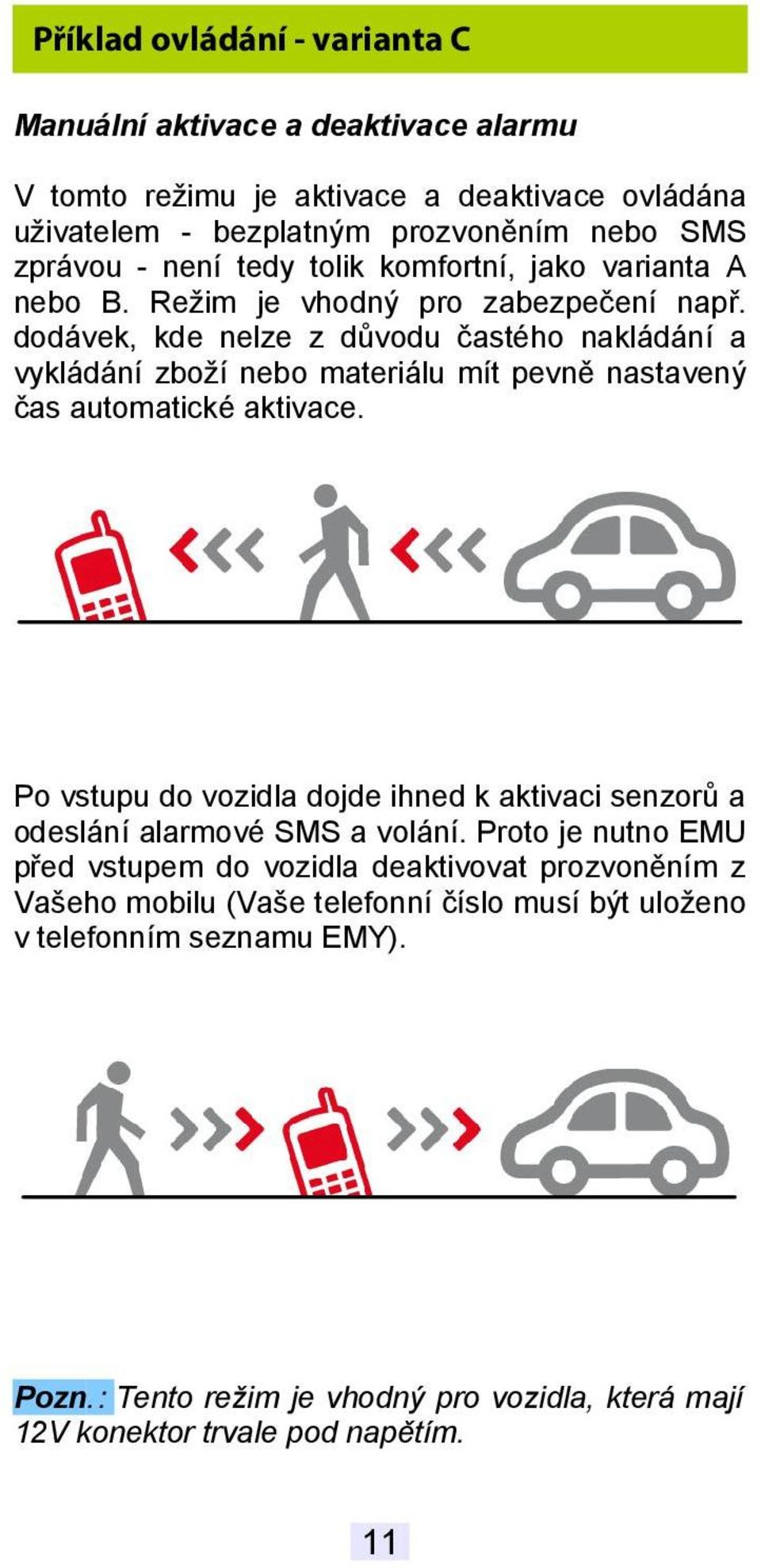 dodávek, kde nelze z důvodu častého nakládání a vykládání zboží nebo materiálu mít pevně nastavený čas automatické aktivace.