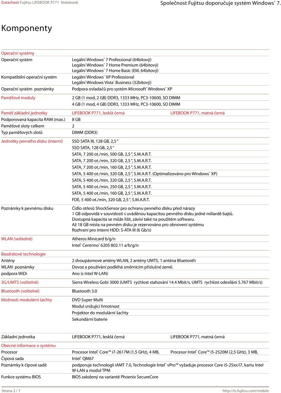 MHz, PC3-10600, SO DIMM 4 GB (1 mod, 4 GB) DDR3, 1333 MHz, PC3-10600, SO DIMM Paměť základní jednotky LIFEBOOK P771, lesklá černá LIFEBOOK P771, matná černá Podporovaná kapacita RAM (max.