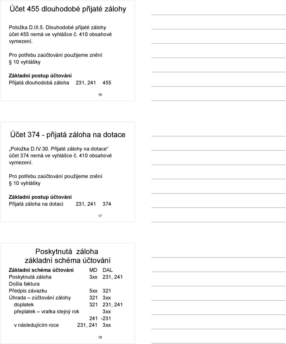 Přijaté zálohy na dotace účet 374 nemá ve vyhlášce č. 410 obsahové vymezení.