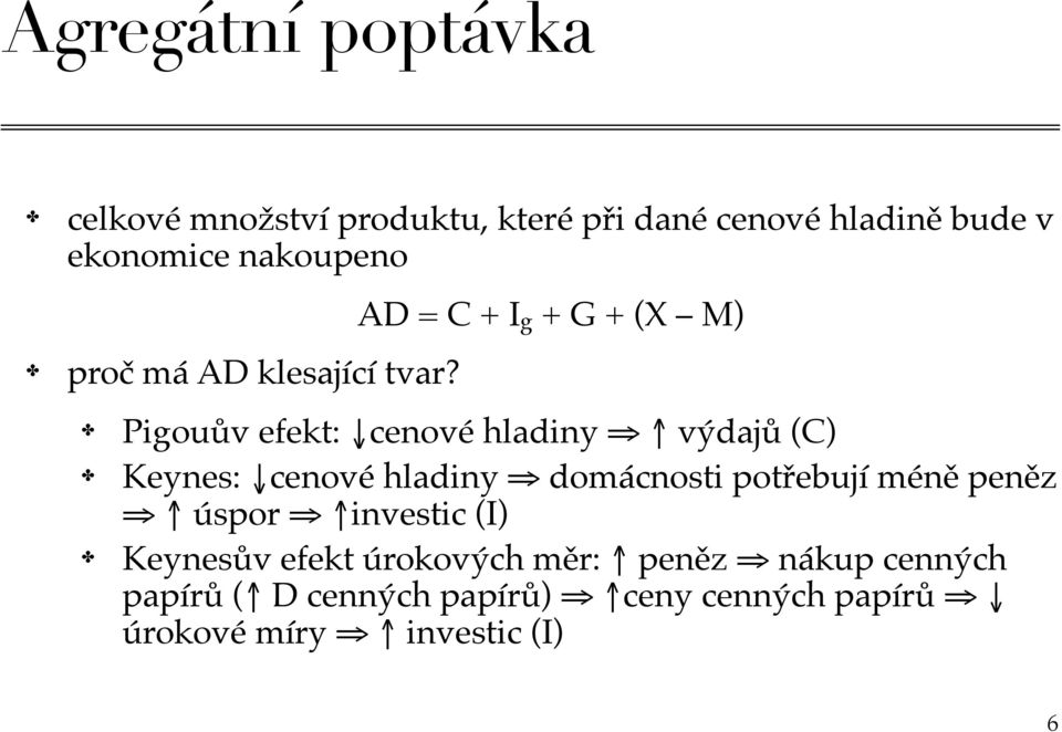 AD = C + I g + G + (X M) Pigouův efekt: cenové hladiny výdajů (C) Keynes: cenové hladiny