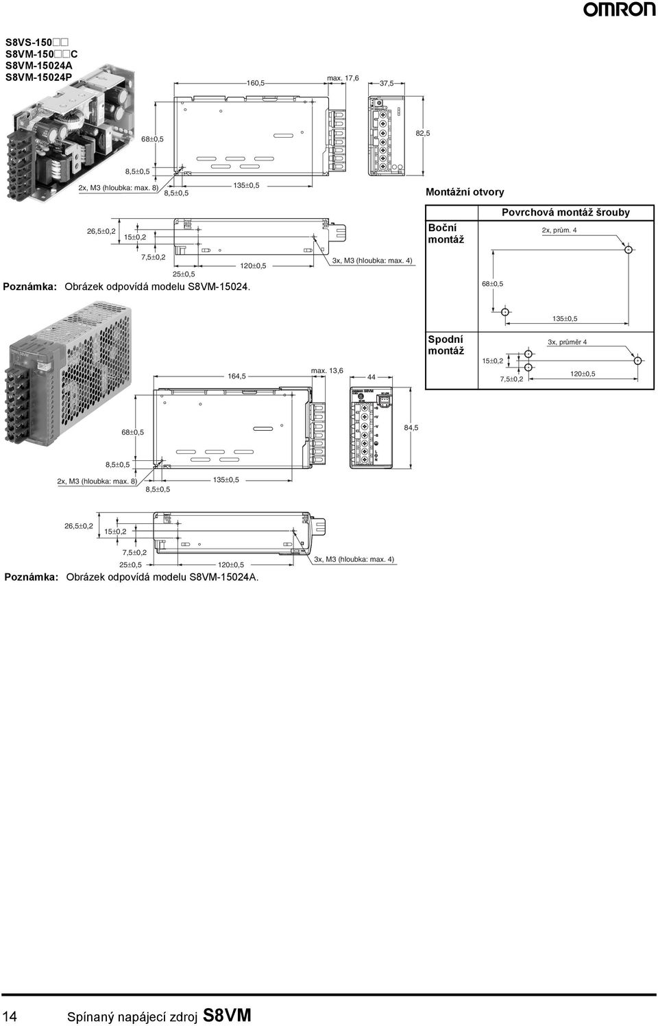 4 7,5±0,2 120±0,5 25±0,5 Obrázek odpovídá modelu S8VM-15024. 3x, M3 (hloubka: max. 4) 135±0,5 164,5 max.