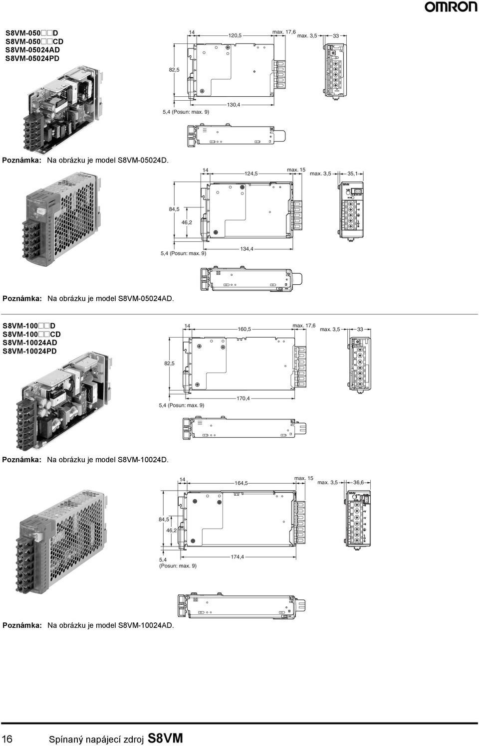 9) 134,4 Na obrázku je model S8VM-05024AD. S8VM-100@@D S8VM-100@@CD S8VM-10024AD S8VM-10024PD 14 160,5 max. 17,6 max.