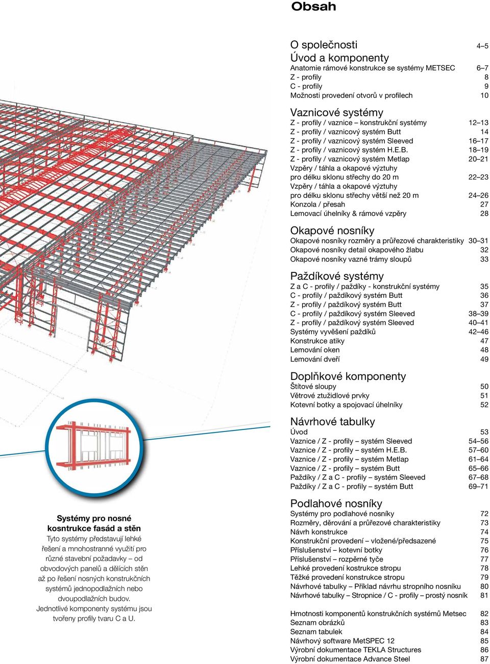 O sčnosti 4 5 Úvod a komponenty natomie rámové konstrukce se systémy METSEC 6 7 Z - profily 8 C - profily 9 Možnosti provedení otvorů v profilech 10 Vaznicové systémy Z - profily / vaznice