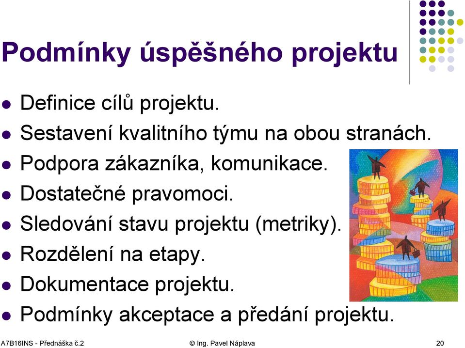 Dostatečné pravomoci. Sledování stavu projektu (metriky). Rozdělení na etapy.