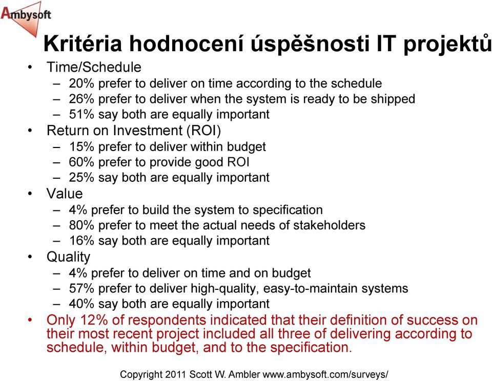 prefer to meet the actual needs of stakeholders 16% say both are equally important Quality 4% prefer to deliver on time and on budget 57% prefer to deliver high-quality, easy-to-maintain systems 40%