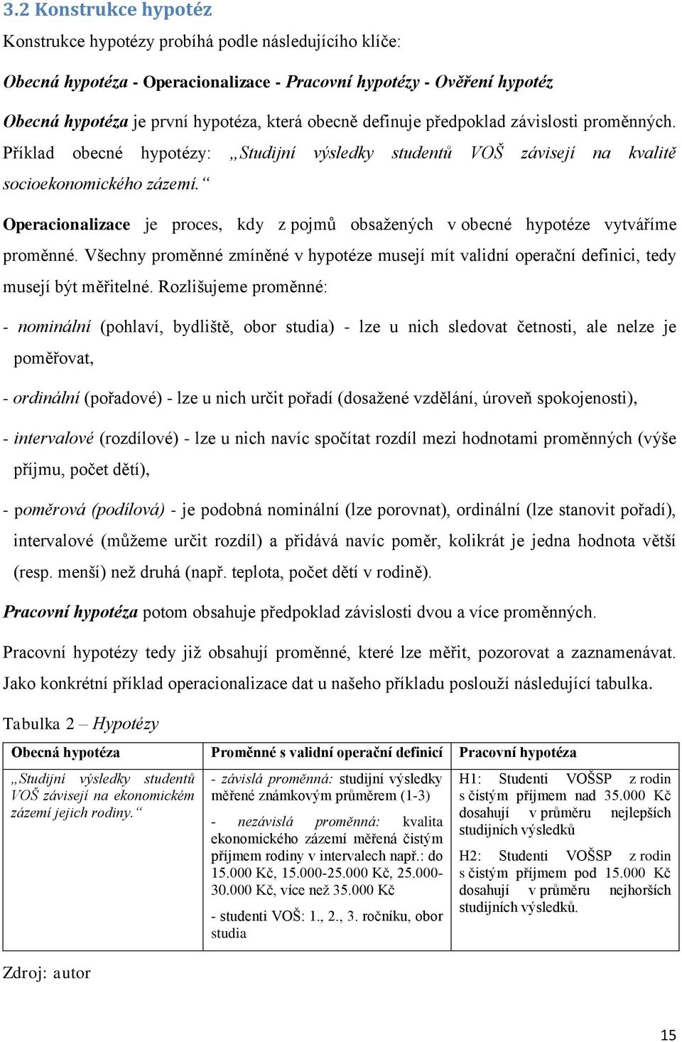 Operacionalizace je proces, kdy z pojmů obsažených v obecné hypotéze vytváříme proměnné. Všechny proměnné zmíněné v hypotéze musejí mít validní operační definici, tedy musejí být měřitelné.