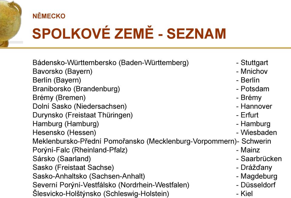 Wiesbaden Meklenbursko-Přední Pomořansko (Mecklenburg-Vorpommern)- Schwerin Porýní-Falc (Rheinland-Pfalz) - Mainz Sársko (Saarland) - Saarbrücken Sasko (Freistaat