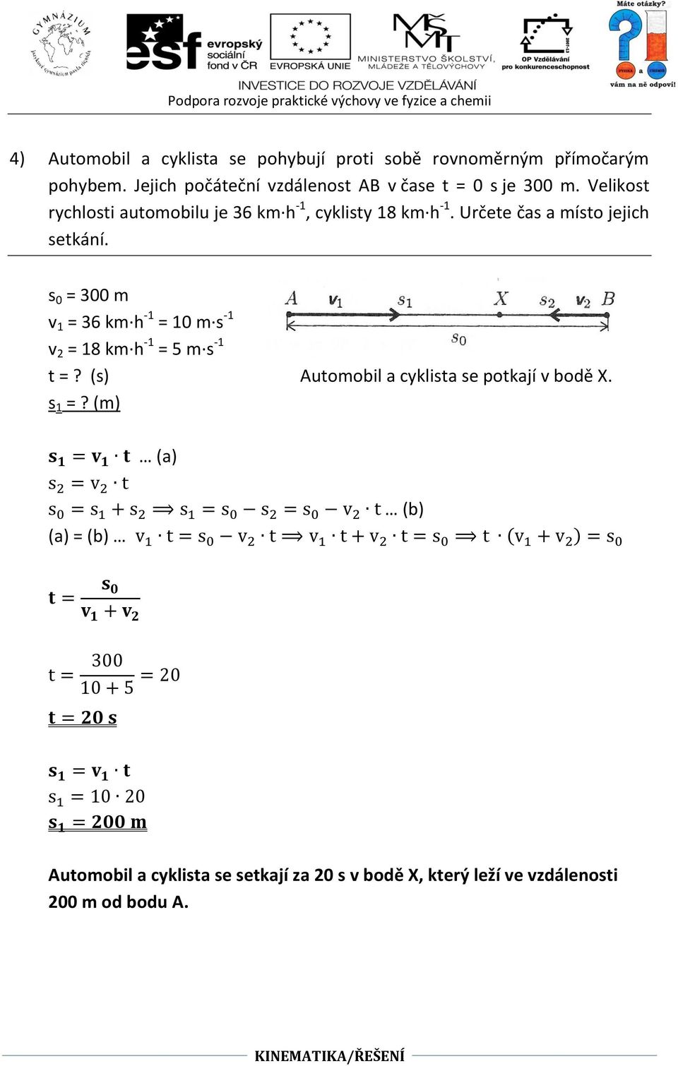 Určete čas a místo jejich setkání. s 0 = 300 m v 1 = 36 km h -1 = 10 m s -1 v 2 = 18 km h -1 = 5 m s -1 t =?