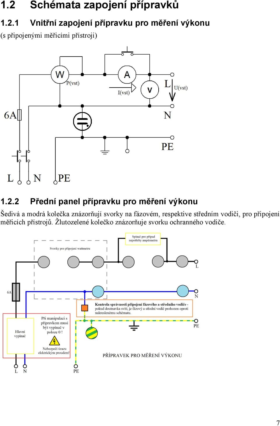 2 Přední panel přípravku pro měření výkonu Šedivá a modrá kolečka znázorňují svorky