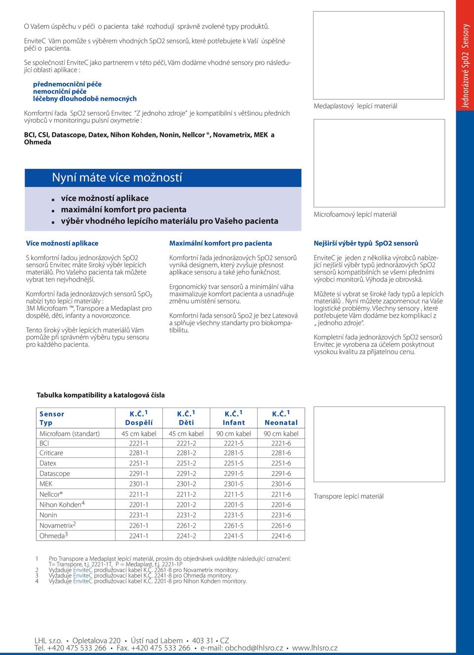 sensorů Envitec Z jednoho zdroje je kompatibilní s většinou předních výrobců v monitoringu pulsní oxymetrie : BCI, CSI, Datascope, Datex, Nihon Kohden, Nonin, Nellcor, Novametrix, MEK a Ohmeda