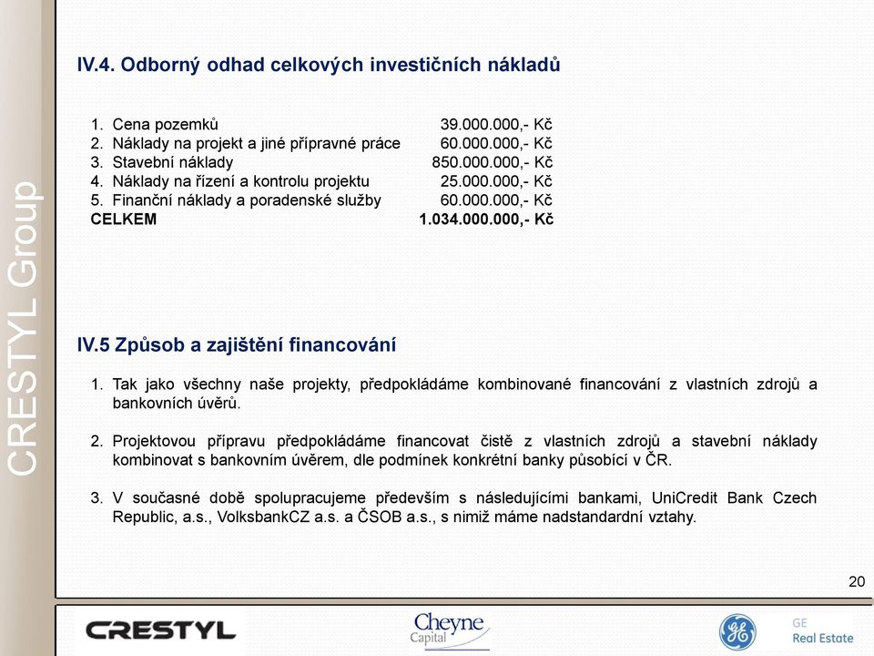 Tak jako všechny naše projekty, předpokládáme kombinované financování z vlastních zdrojů a bankovních úvěrů. 2.