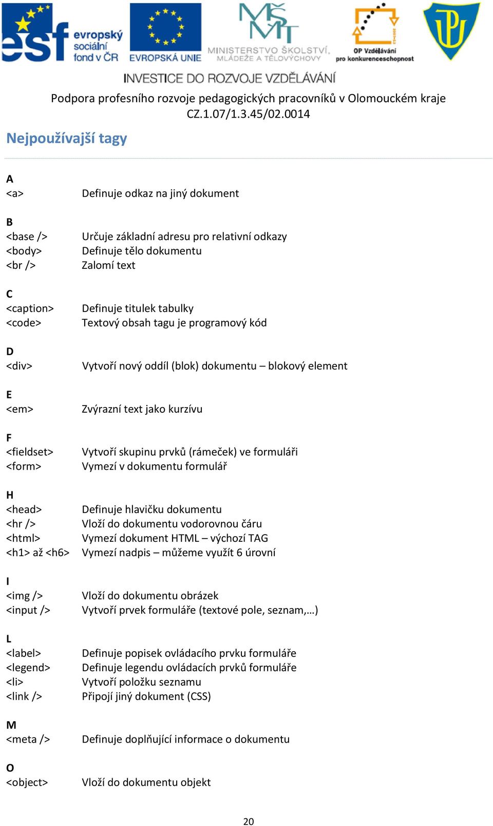 Vytvoří nový oddíl (blok) dokumentu blokový element Zvýrazní text jako kurzívu Vytvoří skupinu prvků (rámeček) ve formuláři Vymezí v dokumentu formulář Definuje hlavičku dokumentu Vloží do dokumentu