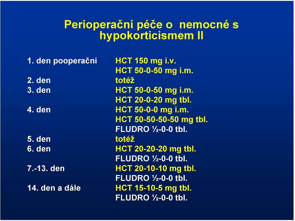 den HCT 50-0-0 mg i.m. HCT 50-50-50-50 mg tbl. FLUDRO ½-0-0 tbl. 5. den totéž 6.