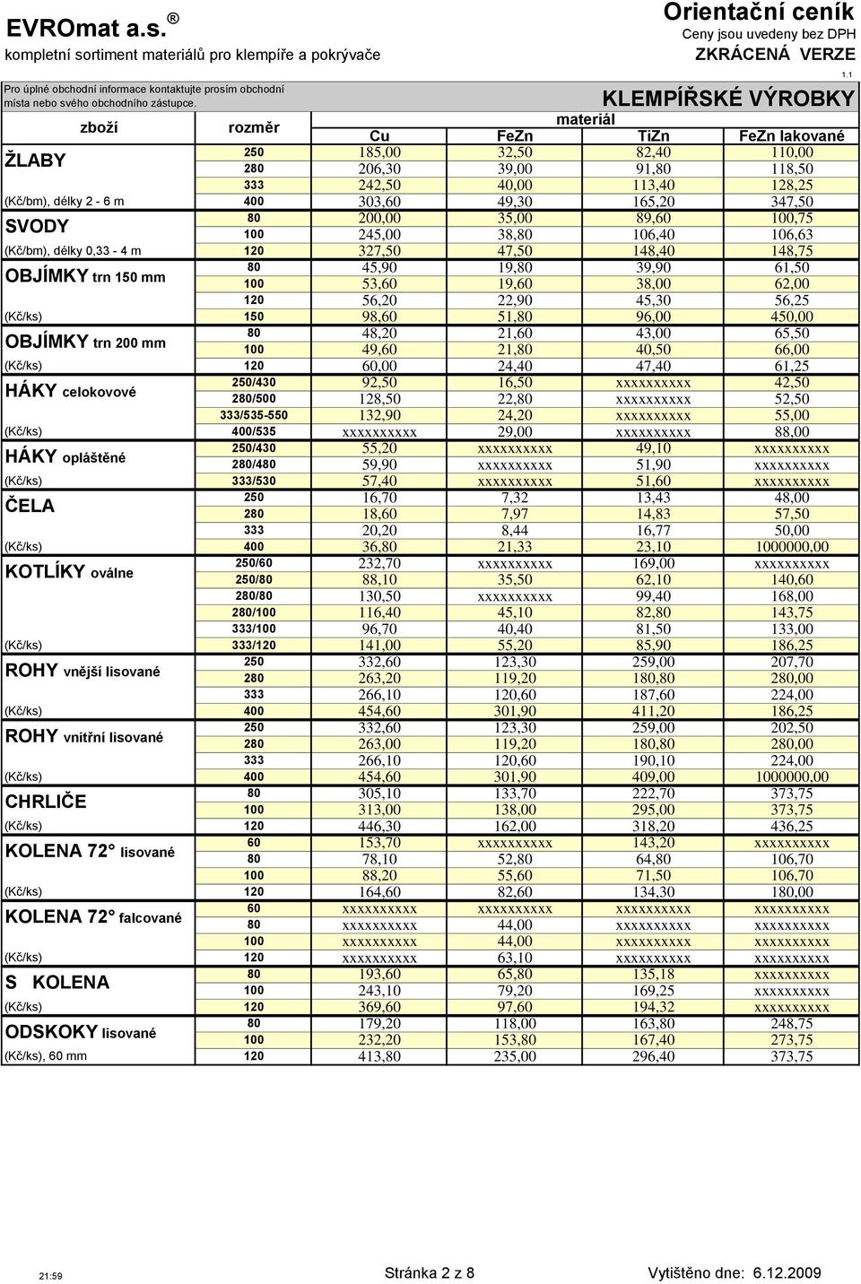 Orientační ceník. výroba a prodej klempířských prvků. plechy v tabulích a  svitcích. krytiny, střešní okna, izolační pásy - PDF Stažení zdarma