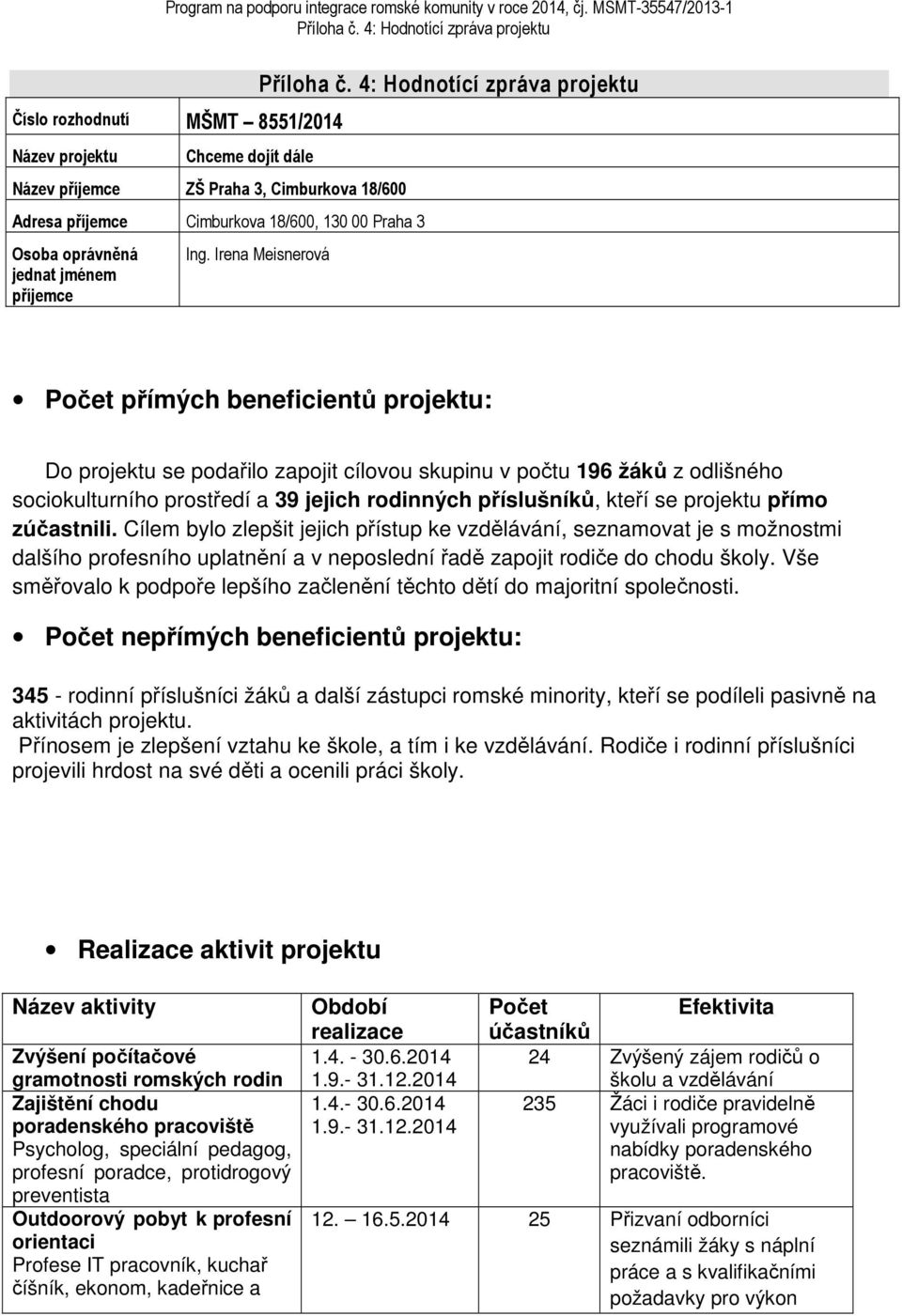 zúčastnili. Cílem bylo zlepšit jejich přístup ke vzdělávání, seznamovat je s možnostmi dalšího profesního uplatnění a v neposlední řadě zapojit rodiče do chodu školy.