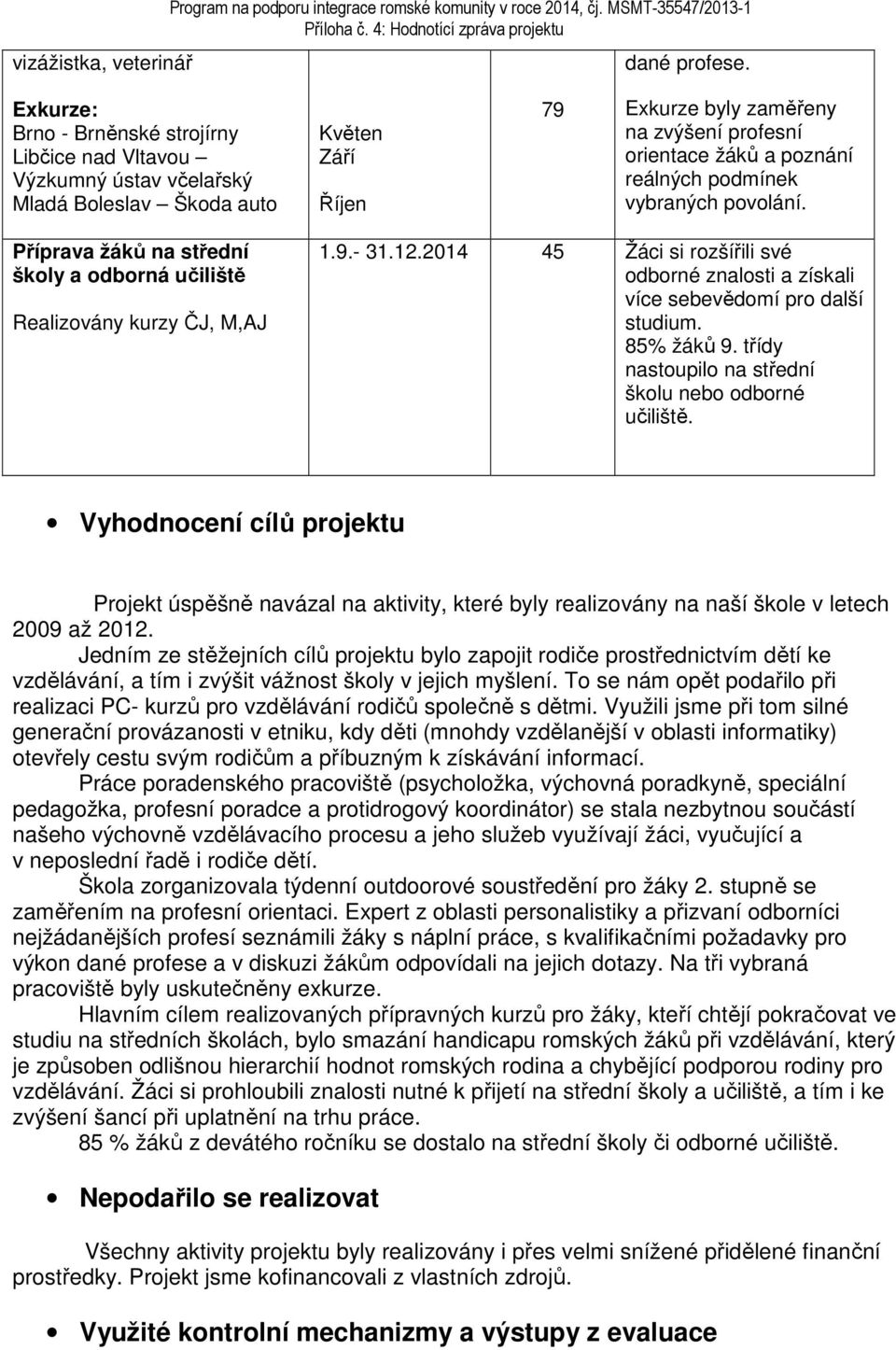 reálných podmínek vybraných povolání. Příprava žáků na střední školy a odborná učiliště Realizovány kurzy ČJ, M,AJ 1.9.- 31.12.