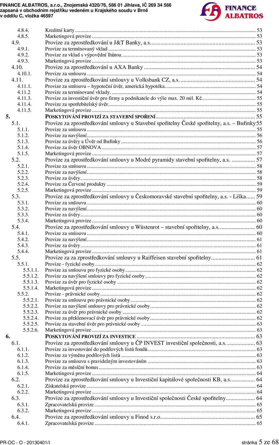 Provize za zprostředkování smlouvy u Volksbank CZ, a.s.... 54 4.11.1. Provize za smlouvu hypoteční úvěr, americká hypotéka... 54 4.11.2 Provize za termínované vklady.... 54 4.11.3.