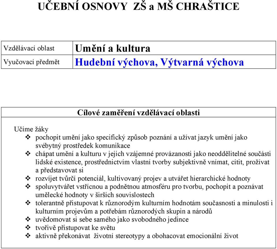 představovat si rozvíjet tvůrčí potenciál, kultivovaný projev a utvářet hierarchické hodnoty spoluvytvářet vstřícnou a podnětnou atmosféru pro tvorbu, pochopit a poznávat umělecké hodnoty v širších