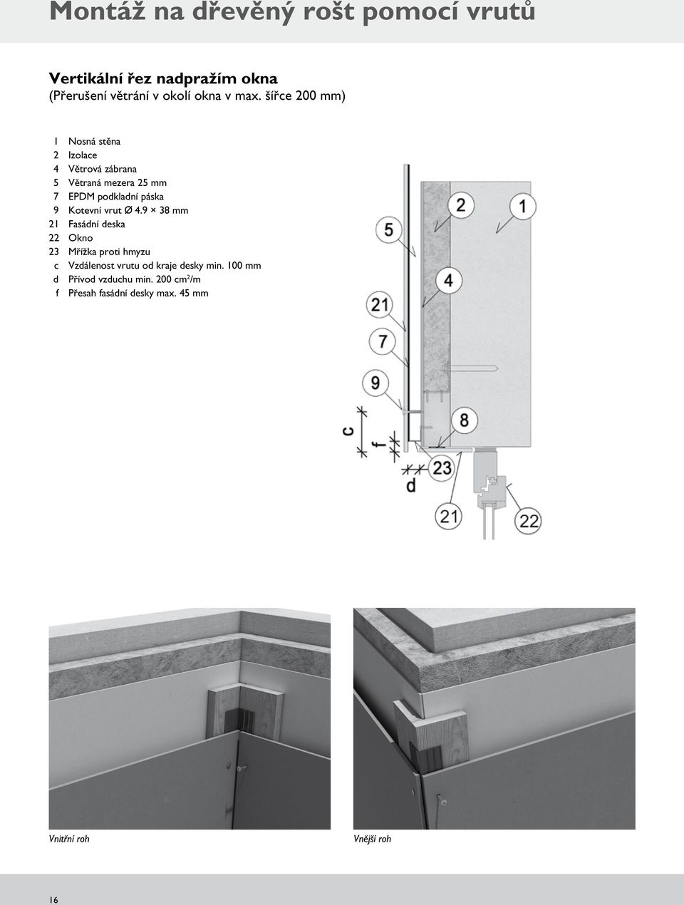 vrut Ø 4.9 38 mm 322 3 Okno 323 3 Mřížka proti hmyzu 3 c 3 Vzdálenost vrutu od kraje desky min.