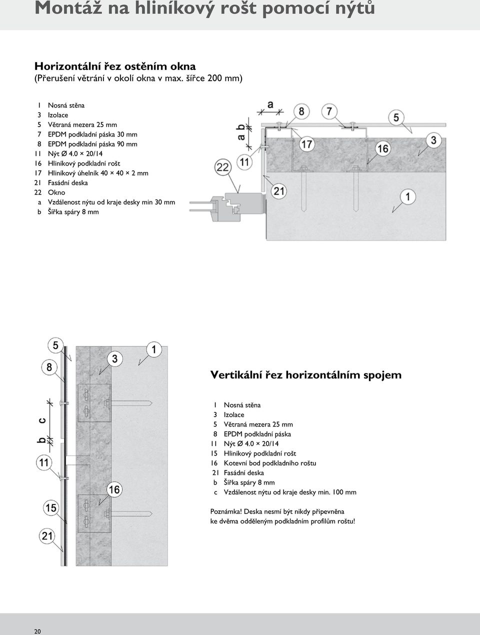 0 20/14 316 3 Hliníkový podkladní rošt 17 3 Hliníkový úhelník 40 40 2 mm 21 3 Fasádní deska 322 3 Okno 3 a 3 Vzdálenost nýtu od kraje desky min 30 mm 3 b 3 Šířka spáry 8 mm Vertikální
