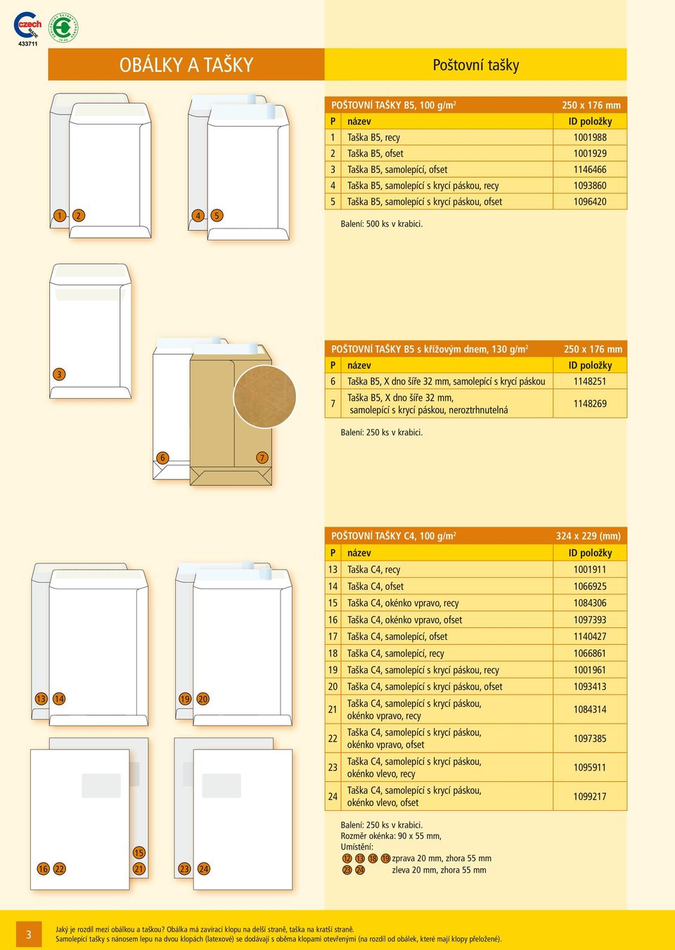 3 POŠTOVNÍ TAŠKY B5 s křížovým dnem, 130 g/m 2 250 x 176 mm 6 Taška B5, X dno šíře 32 mm, samolepící s krycí páskou 1148251 7 Taška B5, X dno šíře 32 mm, samolepící s krycí páskou, neroztrhnutelná