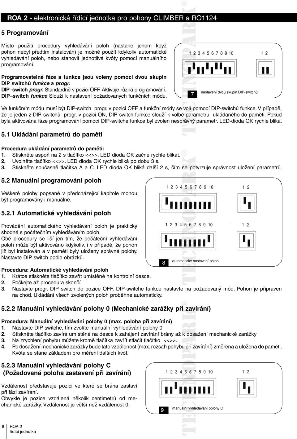 DIP switch funkce Slouží k nastavení požadovaných funkčních módu. 7 nastavení dvou skupin DIP-switchů Ve funkčním módu musí být DIP-switch progr.