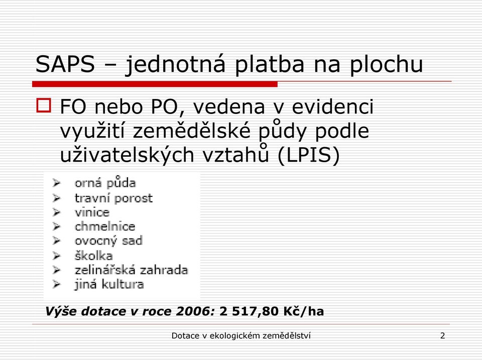 uživatelských vztahů (LPIS) Výše dotace v roce