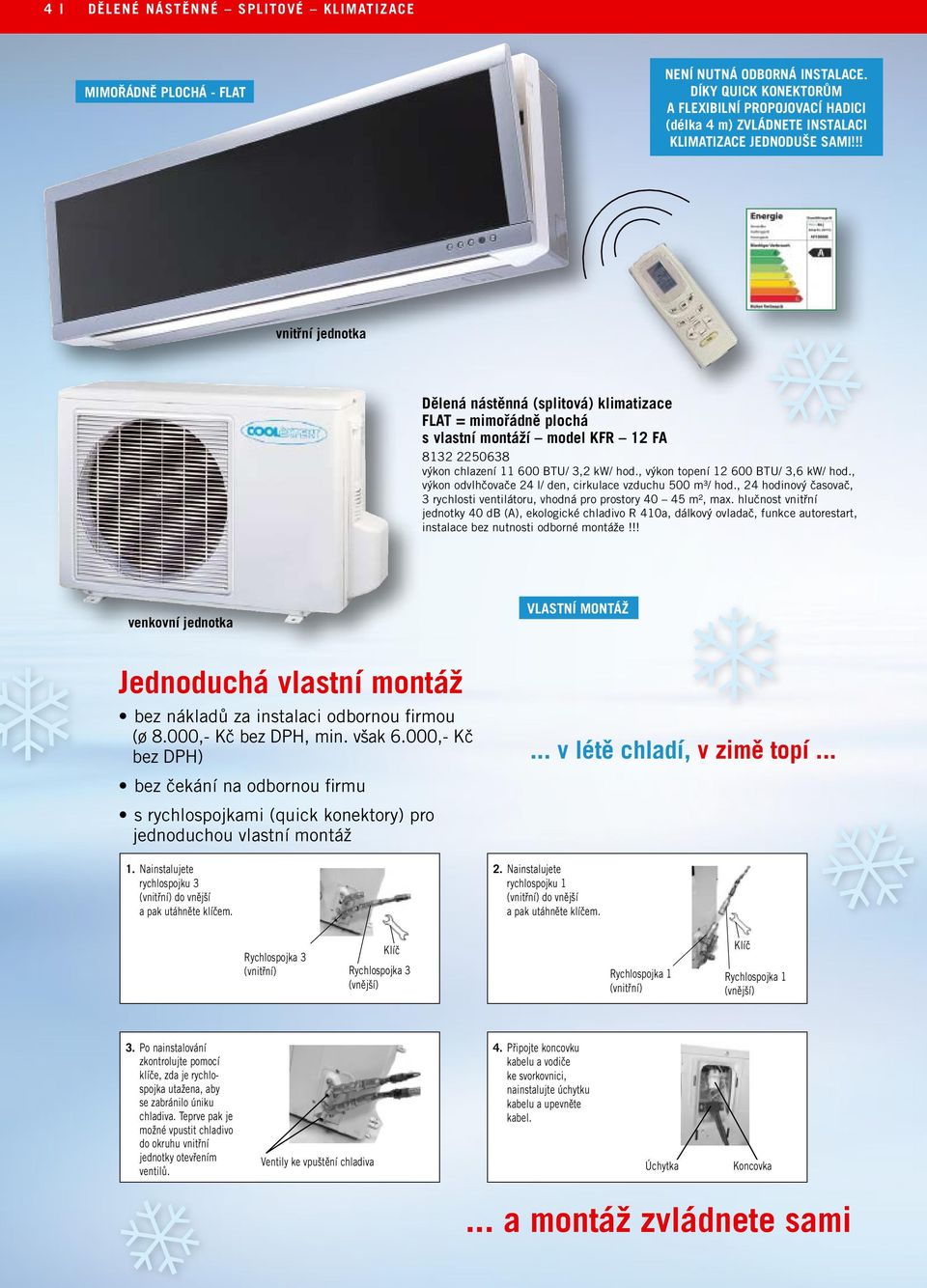 !! vnitřní jednotka Dělená nástěnná (splitová) klimatizace FLAT = mimořádně plochá s vlastní montáží model KFR 12 FA 8132 2250638 výkon chlazení 11 600 BTU/ 3,2 kw/ hod.