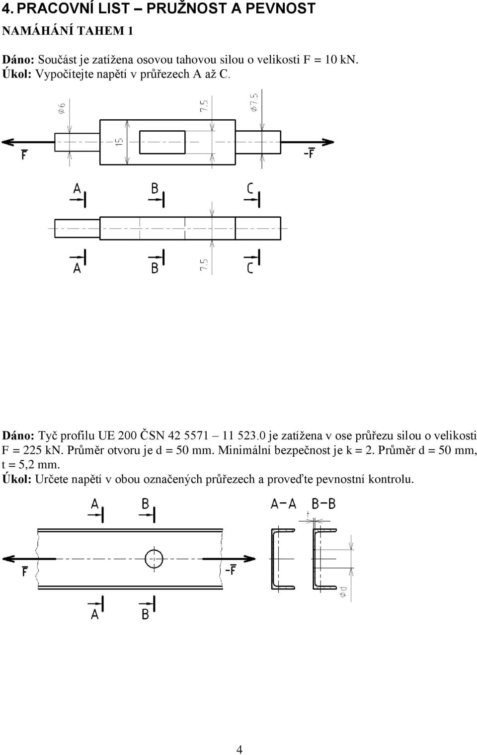 0 je zatížena v ose průřezu silou o velikosti F = 225 kn. Průměr otvoru je d = 50 mm.