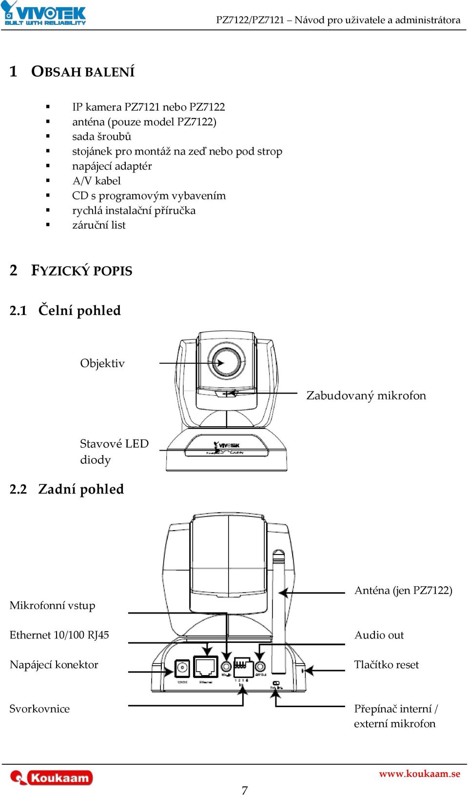 POPIS 2.1 Čelní pohled Objektiv Zabudovaný mikrofon Stavové LED diody 2.