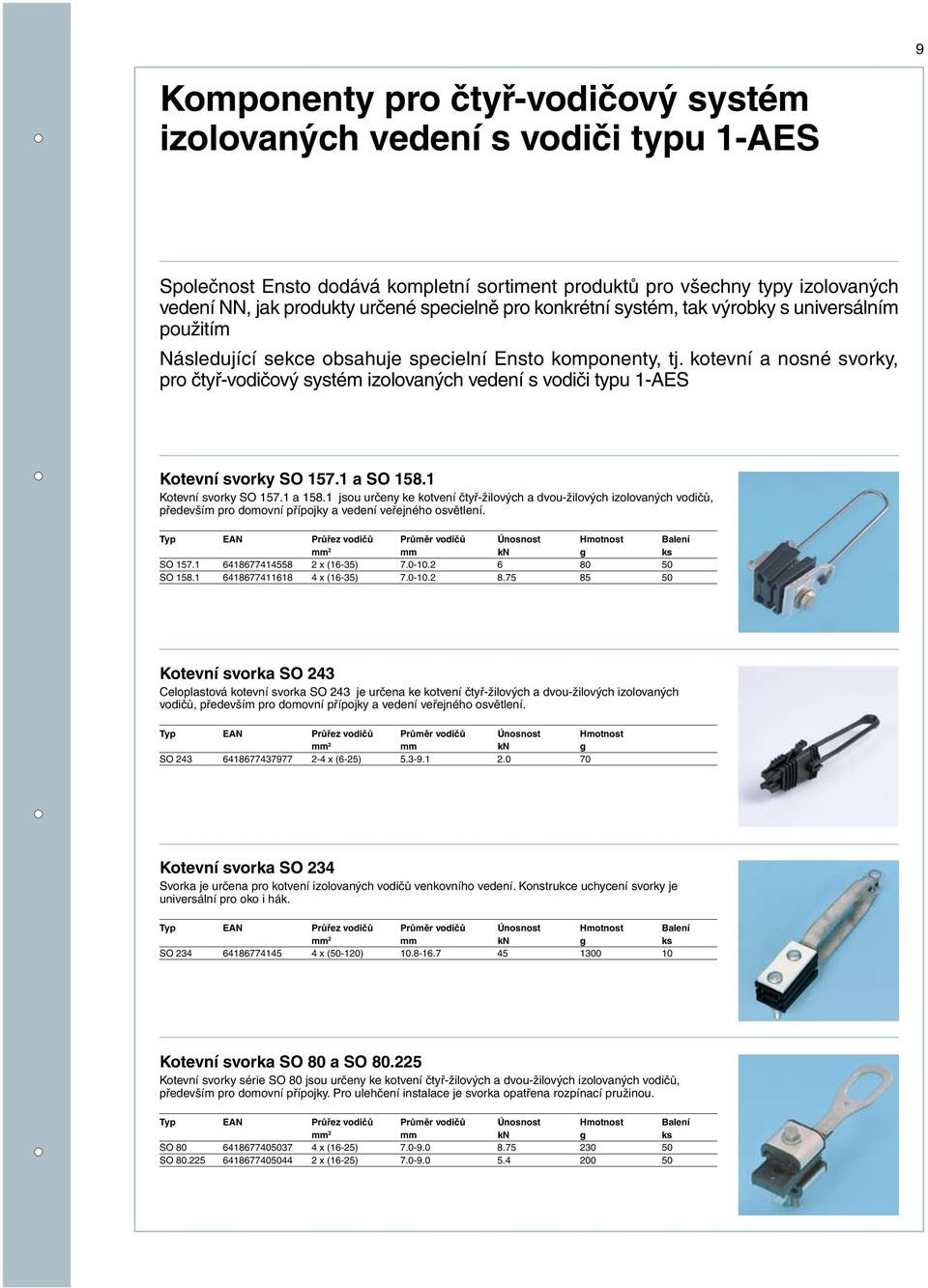kotevní a nosné svorky, pro čtyř-vodičový systém izolovaných vedení s vodiči typu 1-AES Kotevní svorky SO 157.1 a SO 158.1 Kotevní svorky SO 157.1 a 158.