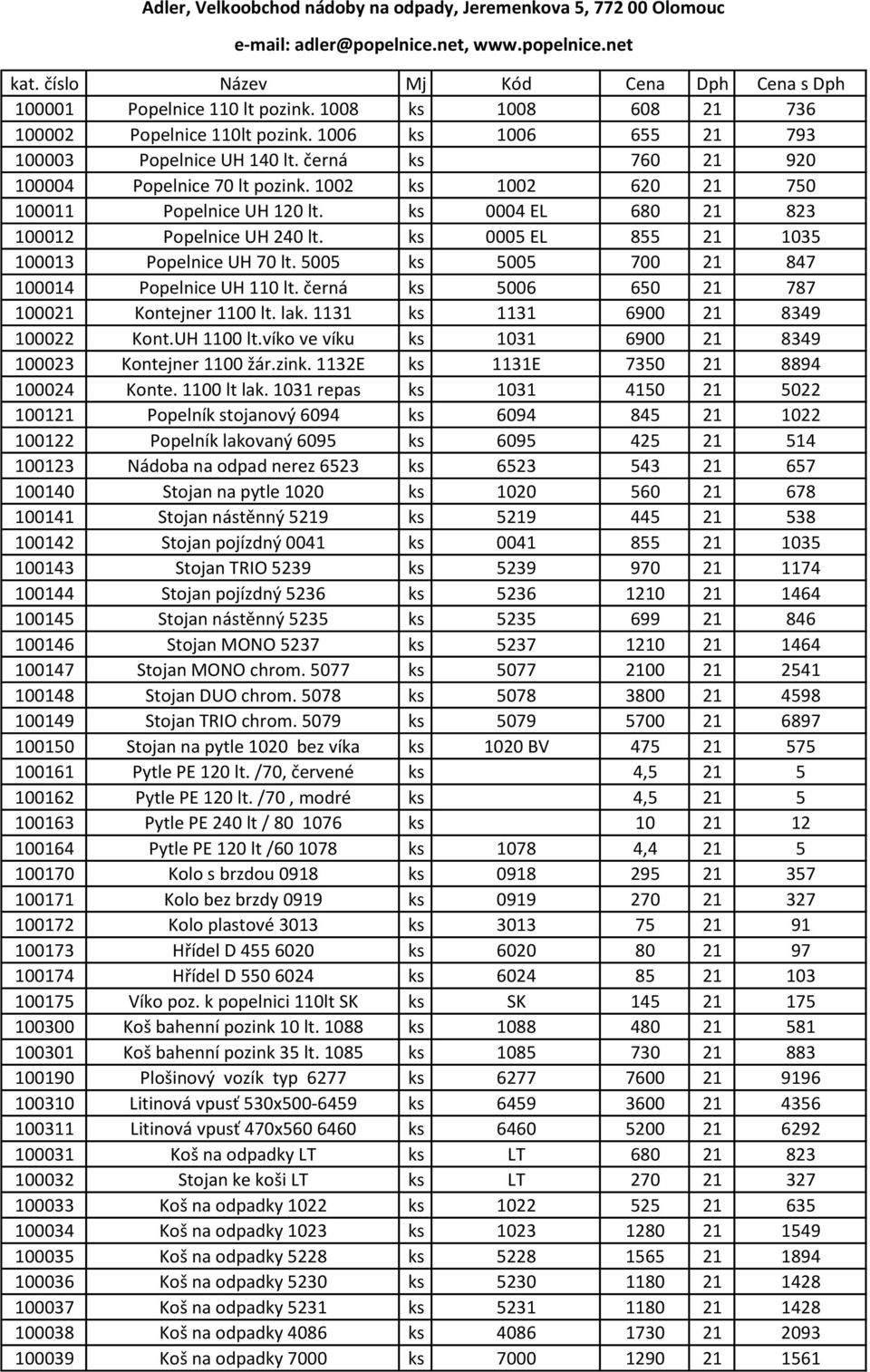 1002 ks 1002 620 21 750 100011 Popelnice UH 120 lt. ks 0004 EL 680 21 823 100012 Popelnice UH 240 lt. ks 0005 EL 855 21 1035 100013 Popelnice UH 70 lt.