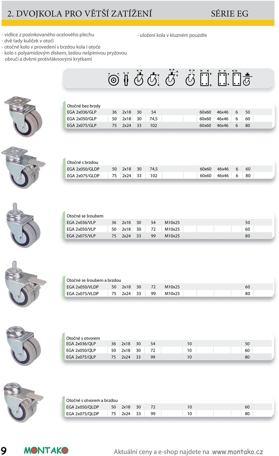 60 EGA 2x075/GLP 75 2x24 33 102 60x60 46x46 6 80 Otočné s brzdou EGA 2x050/GLDP 50 2x18 30 74,5 60x60 46x46 6 60 EGA 2x075/GLDP 75 2x24 33 102 60x60 46x46 6 80 Otočné se šroubem EGA 2x036/VLP 36 2x18