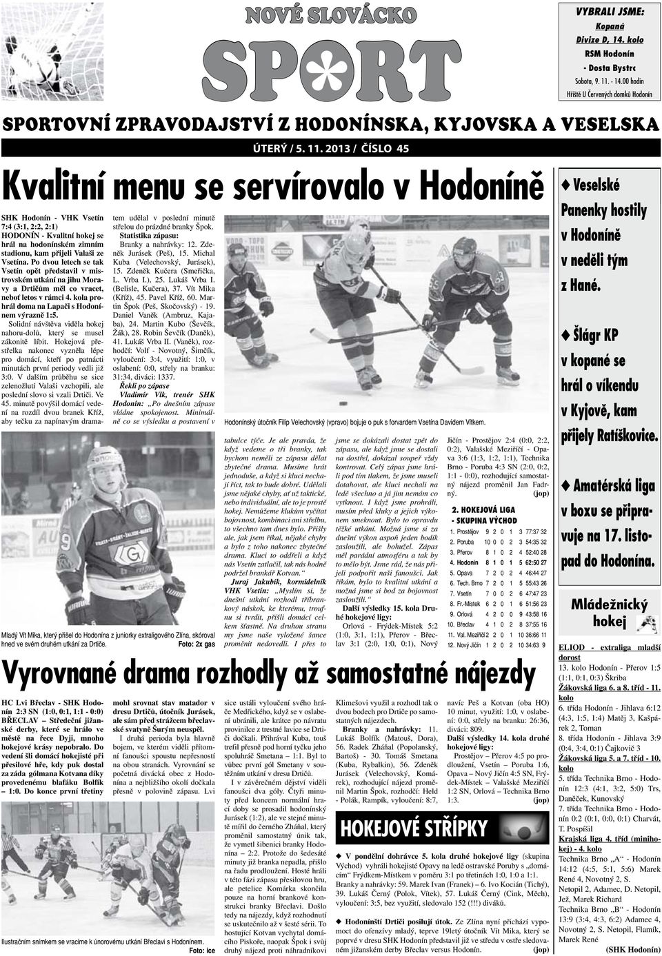 2013 / číslo 45 vybrali jsme: Kopaná Kvalitní menu se servírovalo v Hodoníně SHK Hodonín - VHK Vsetín 7:4 (3:1, 2:2, 2:1) HODONÍN - Kvalitní hokej se hrál na hodonínském zimním stadionu, kam přijeli