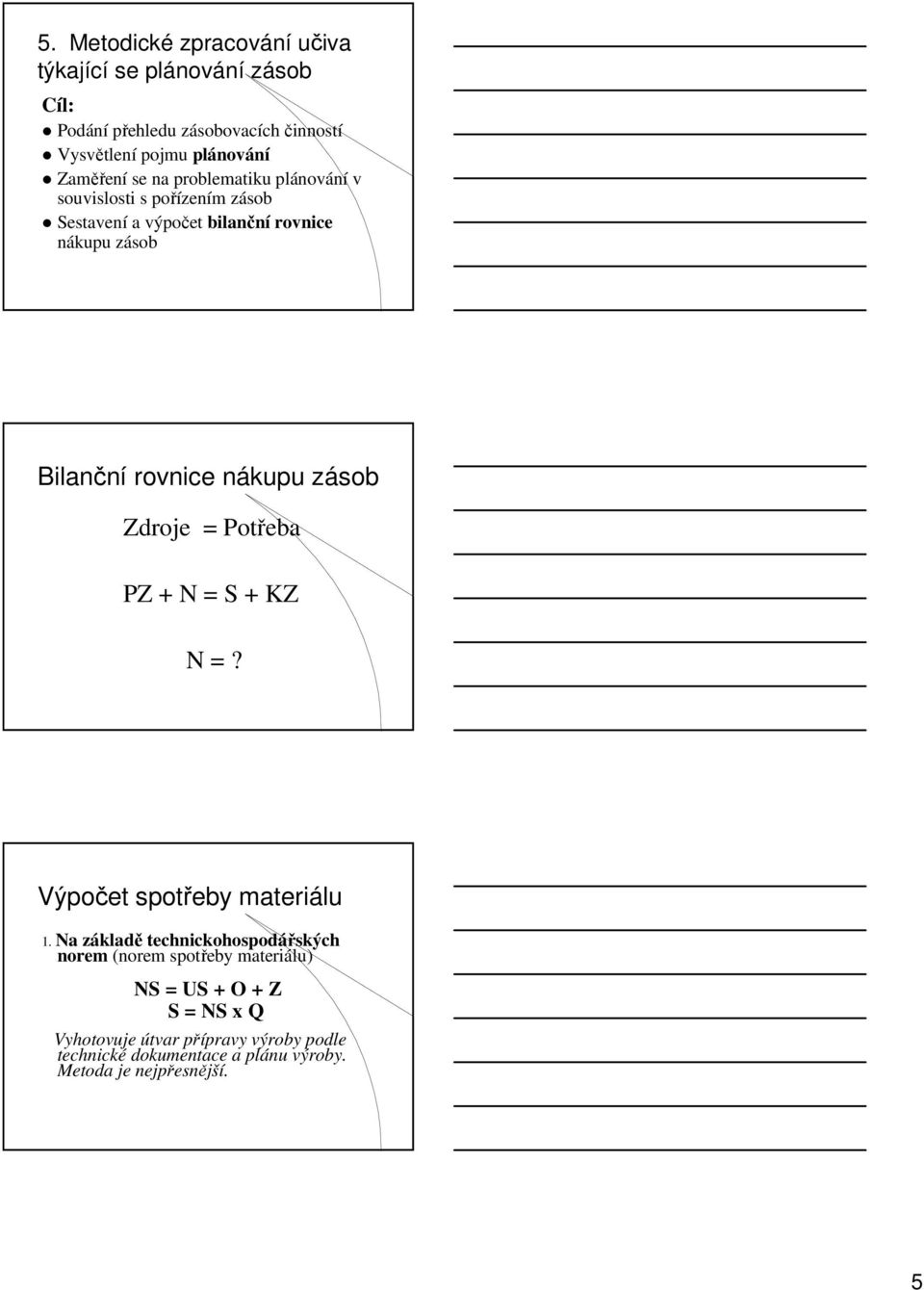 rovnice nákupu zásob Zdroje = Potřeba PZ + N = S + KZ N =? Výpočet spotřeby materiálu 1.