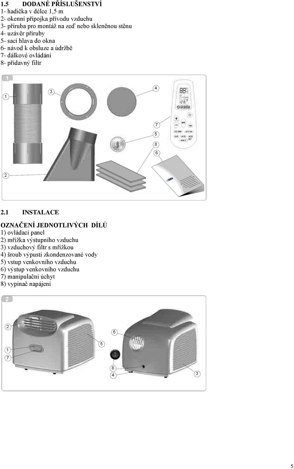 1 INSTALACE OZNAČENÍ JEDNOTLIVÝCH DÍLŮ 1) ovládací panel 2) mřížka výstupního vzduchu 3) vzduchový filtr s mřížkou 4) šroub