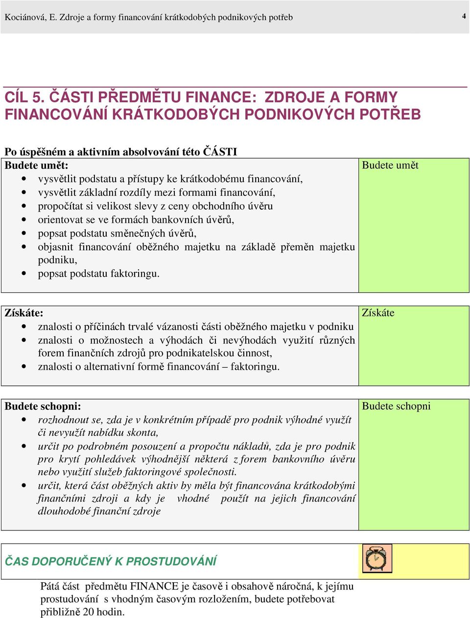 financování, vysvětlit základní rozdíly mezi formami financování, propočítat si velikost slevy z ceny obchodního úvěru orientovat se ve formách bankovních úvěrů, popsat podstatu směnečných úvěrů,