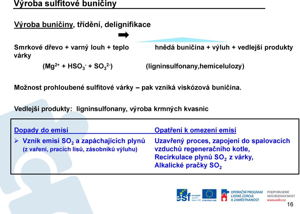 Vedlejší produkty: ligninsulfonany, výroba krmných kvasnic Dopady do emisí Opatření k omezení emisí Vznik emisí SO 2 a zapáchajících plynů