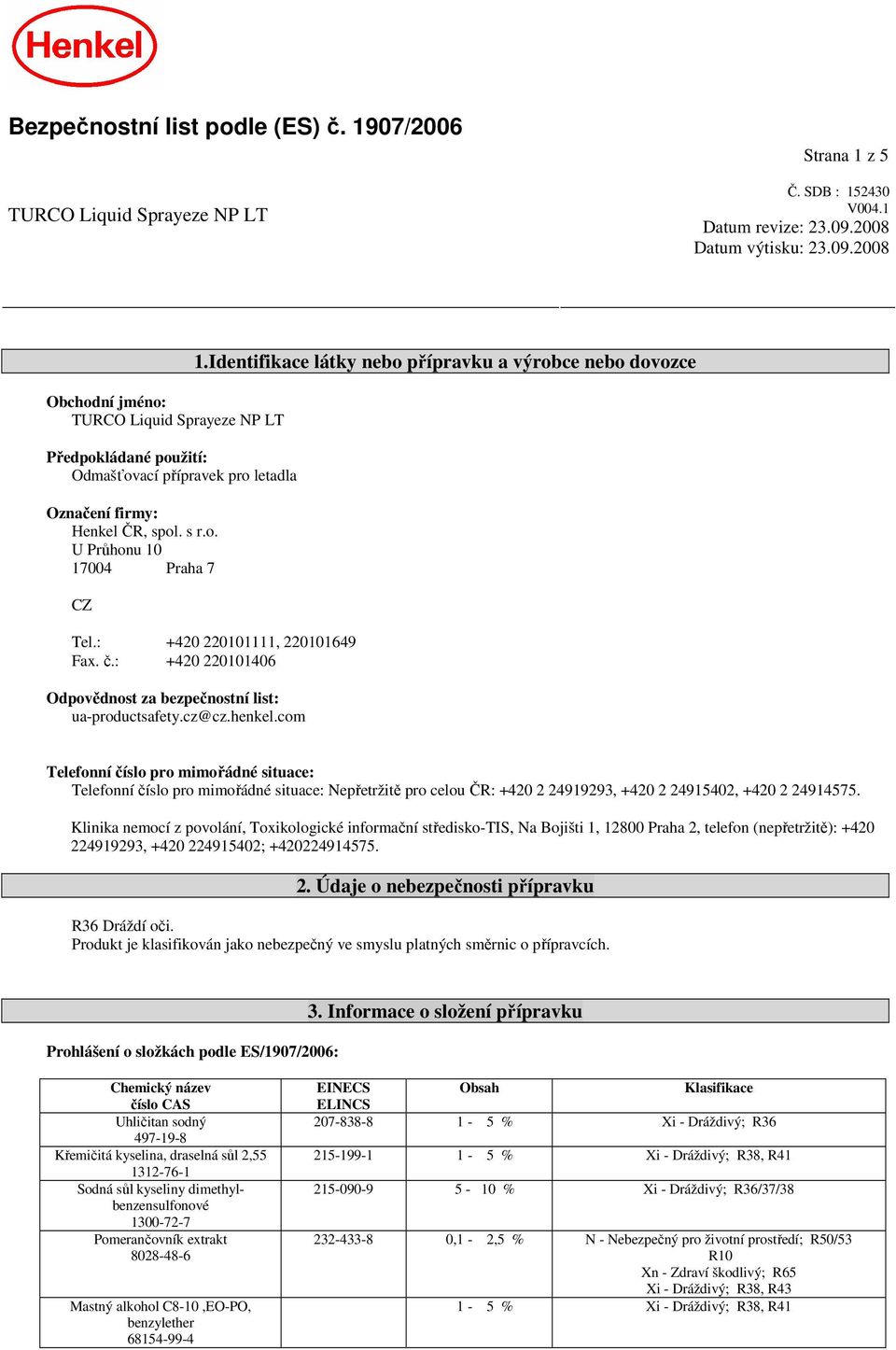 Identifikace látky nebo přípravku a výrobce nebo dovozce Tel.: +420 220101111, 220101649 Fax. č.: +420 220101406 Odpovědnost za bezpečnostní list: ua-productsafety.cz@cz.henkel.