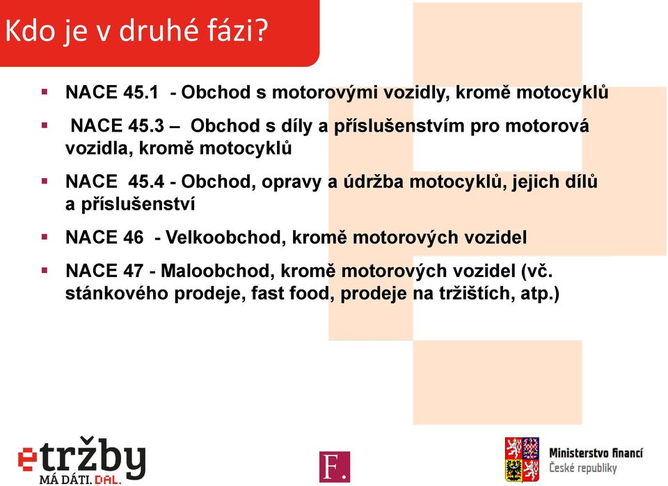 4 - Obchod, opravy a údržba motocyklů, jejich dílů a příslušenství NACE 46 - Velkoobchod, kromě