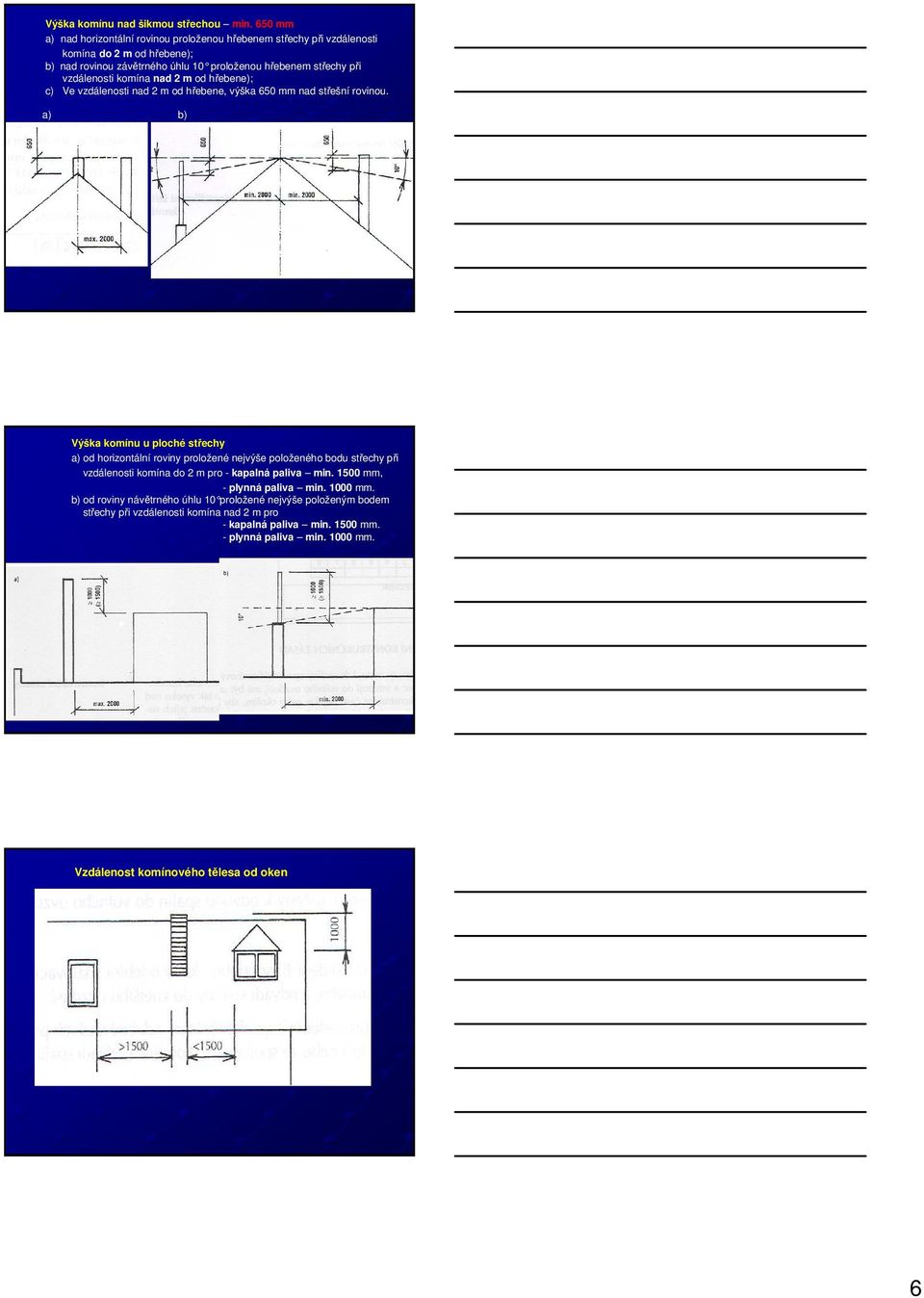 vzdálenosti komína nad 2 m od hřebene); c) Ve vzdálenosti nad 2 m od hřebene, výška 650 mm nad střešní rovinou.