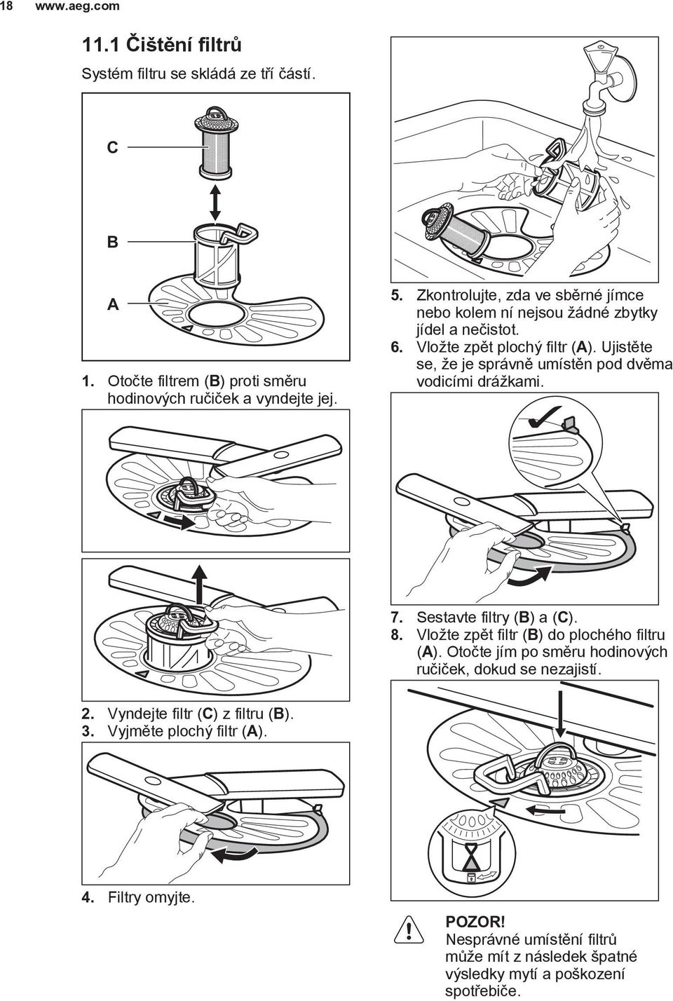 Ujistěte se, že je správně umístěn pod dvěma vodicími drážkami. 7. Sestavte filtry (B) a (C). 8. Vložte zpět filtr (B) do plochého filtru (A).