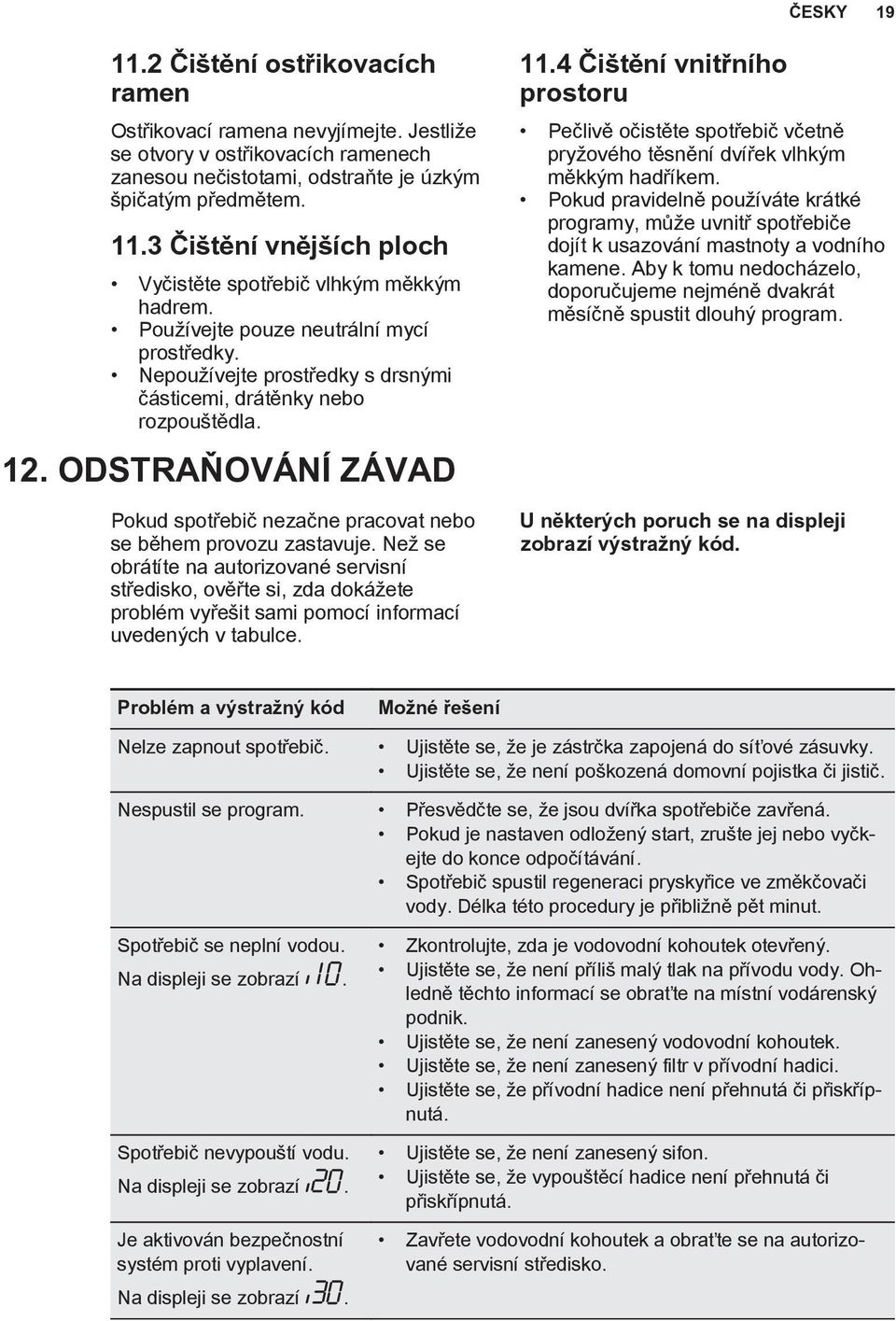 ODSTRAŇOVÁNÍ ZÁVAD Pokud spotřebič nezačne pracovat nebo se během provozu zastavuje.