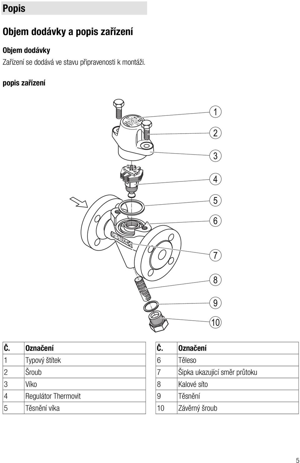 Označení 1 Typový štítek 2 Šroub 3 Víko 4 Regulátor Thermovit 5 Těsnění