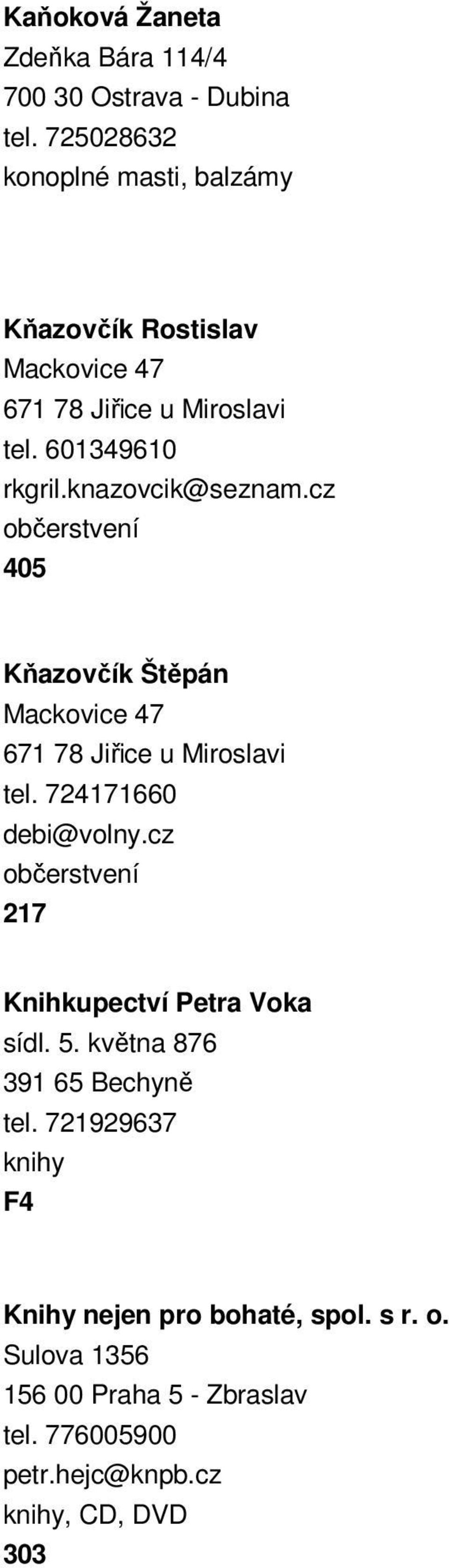 cz občerstvení 405 Kňazovčík Štěpán Mackovice 47 671 78 Jiřice u Miroslavi tel. 724171660 debi@volny.