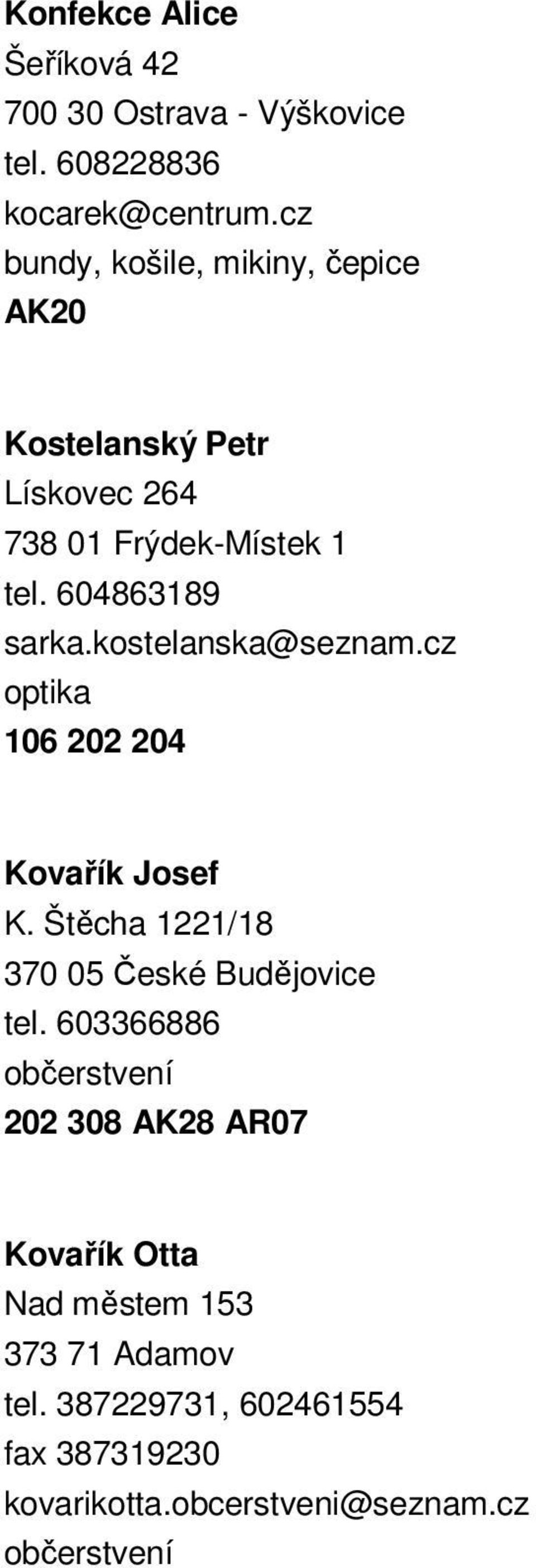 kostelanska@seznam.cz optika 106 202 204 Kovařík Josef K. Štěcha 1221/18 370 05 České Budějovice tel.